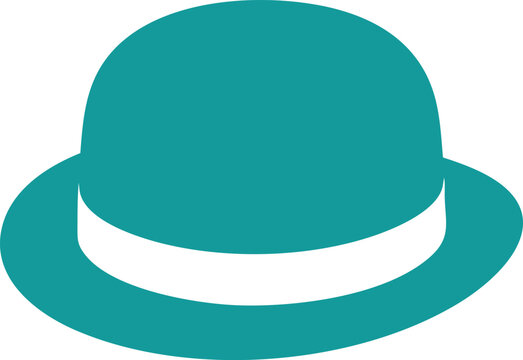 Teal bowler hat with a white ribbon band, flat headwear accessory