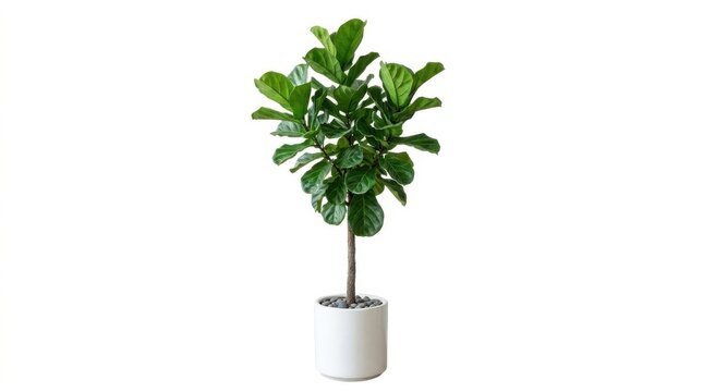 Beautiful fiddle leaf fig plant with large green leaves standing in a simple modern white ceramic pot for home decor isolated on white background