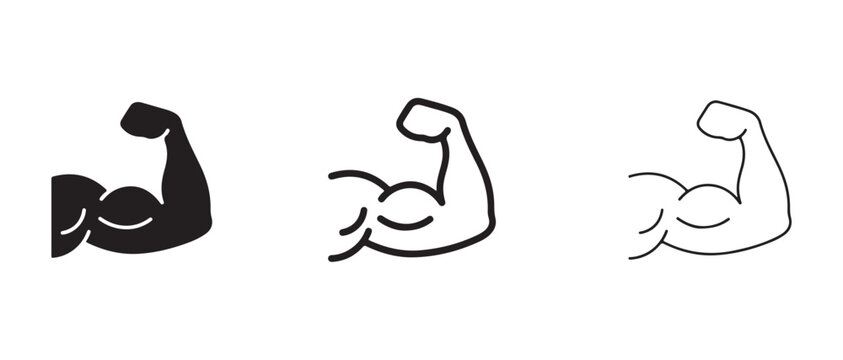 flexing arm icons showing muscular biceps in different line art styles for fitness graphics and illustrations