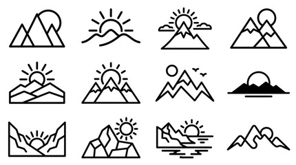 Fototapeta premium Mountain sunrise landscape icons set.