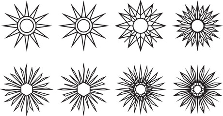 Obraz premium Geometric sunburst and star rays icon doodle line art vector set