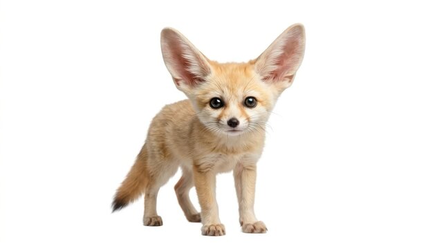A cute small fennec fox with big ears standing and looking forward at the camera in a very calm and curious pose isolated on white background
