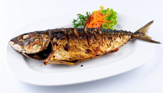 Grilled whole mackerel served on white plate with garnish.