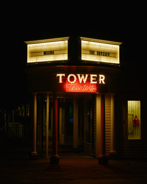 South Hadleys Tower Theaters vintage neon sign, South Hadley, Massachusetts
