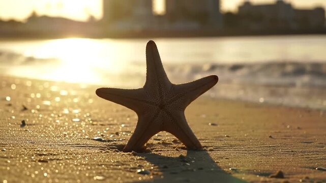 A single starfish stands upright on the wet sand at sunset