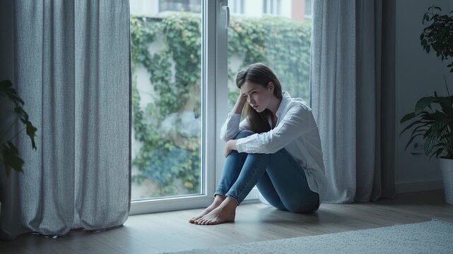 Sad young woman grappling with emotional distress, experiencing subtle internal flux by a window