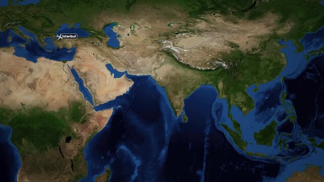 Animated Flight Route Map Tracking a Plane from Istanbul to Hong Kong