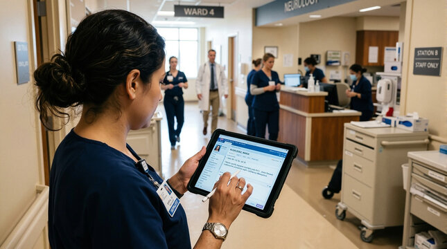 Nurse using tablet in hospital with busy staff and medical equipment in background. Healthcare professionals collaborate to provide quality patient care with digital resources.