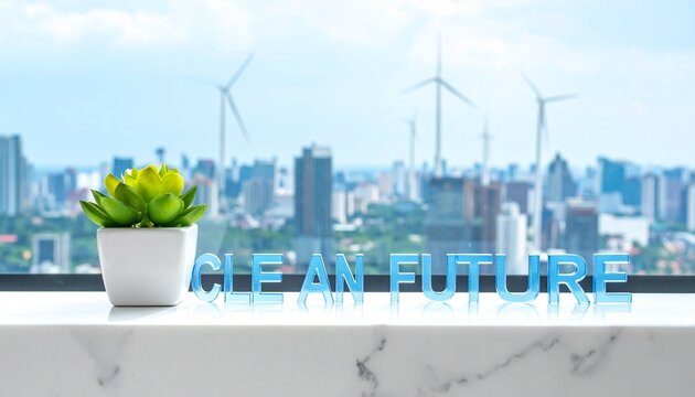 Green potted plant with CLEAN FUTURE text against urban skyline
