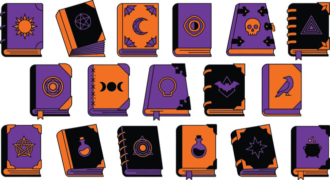 Spooky mystical books illustration set for Halloween designs and witchcraft themes