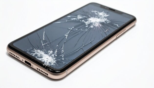 Cracked smartphone screen lying flat on white surface with fractures