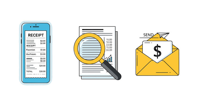 Digital Receipt Mobile Payment and Financial Auditing Icon Set