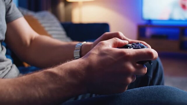 A person holds a game controller while playing a video game