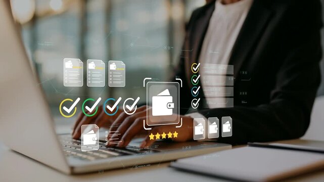 Black businesswoman reviewing digital financial records with animated wallet icon, inclusive leadership, equal opportunity, wealth planning and modern business finance technology