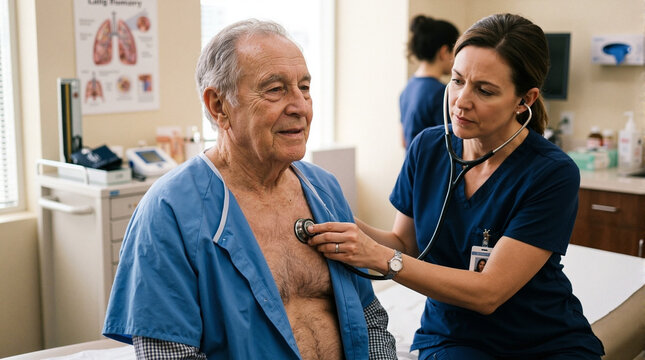 Medical examination with doctor checking lung health of senior patient using stethoscope. Medical checkup involves respiratory assessment and patient care for lung conditions.