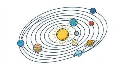 Colorful illustration of the solar system planets orbiting the sun. © Sadar
