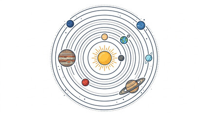 Colorful illustration of the solar system planets orbiting the sun. © Sadar