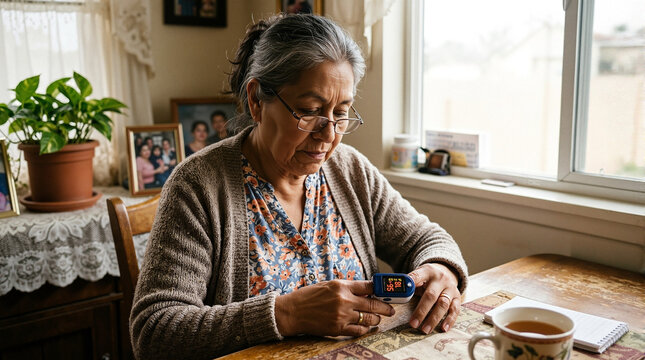 Senior woman checking blood oxygen levels with pulse oximeter at home, accompanied by cozy cup of tea on the table. Health assessment includes monitoring vital signs at home,
