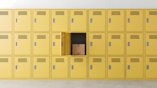 Bright yellow metal school lockers with one open door revealing a cardboard box package on white wall modern minimalist aesthetic concept
