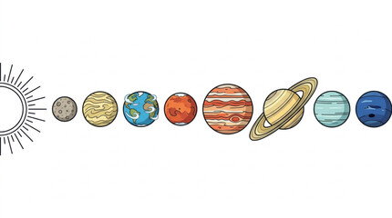 Colorful illustration of the solar system planets and sun. © Sadar