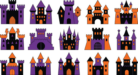 Halloween-themed vector illustrations of purple and orange castles for spooky designs and decorations © MD Sharif
