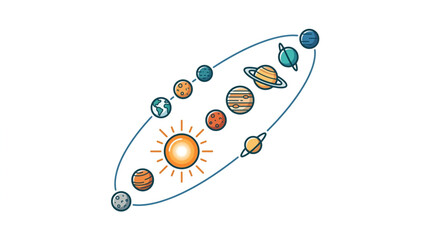 Colorful illustration of the solar system planets orbiting the sun. © Sadar