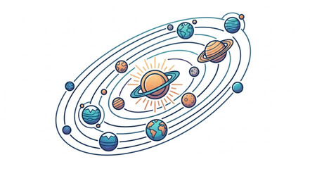 Colorful illustration of the solar system planets orbiting the sun. © Sadar