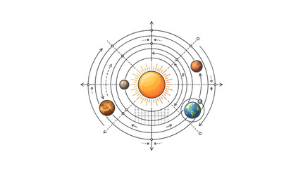 Colorful illustration of the solar system planets orbiting the sun. © Sadar