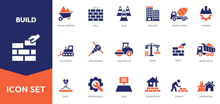 Set of build solid icon. Crane, building, land, maintenance, and more.