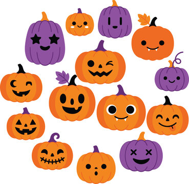 Collection of colorful Halloween pumpkins with various carved faces and expressions for festive design and decoration