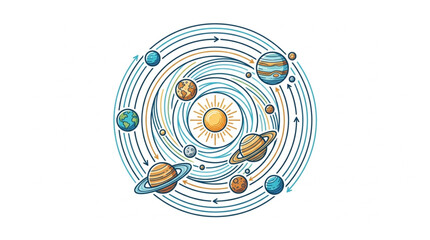 Colorful illustration of the solar system planets orbiting the sun. © Sadar