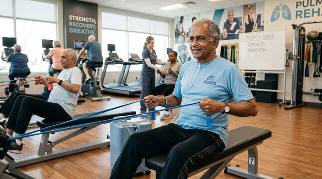 COPD rehabilitation class with elderly participants using exercise bands in fitness center. Pulmonary rehab program helps improve lung capacity and respiratory function,