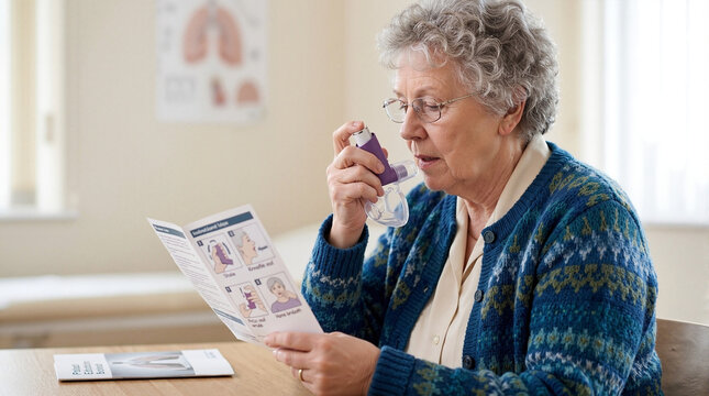 Elderly woman reading inhaler instructions while using inhaler in respiratory therapy session. Woman with inhaler studying booklet on asthma management, focusing on proper breathing techniques.