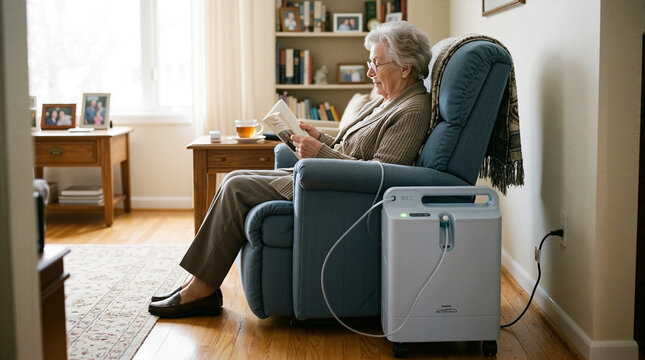 Elderly person using nebulizer at home while reading book, with oxygen mask connected to machine. Comfortable setting includes reading material, cozy chair, and oxygen tube nearby.