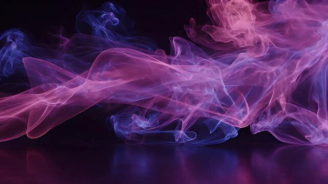 Wispy translucent colored smoke-like forms swirl and flow against a dark background