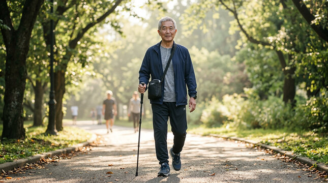 Senior man walking with cane in park surrounded by trees and sunlight, enjoying leisurely stroll. Senior man takes refreshing morning walk through nature,