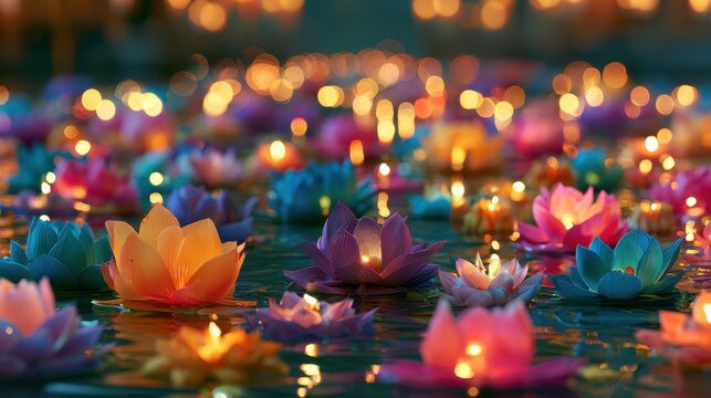 Glowing paper lotus lanterns floating on water surface creating warm magical light effect with soft focus and bokeh for festive night celebration or meditation ambiance