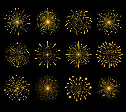Set of bright golden firework explosions on a black background