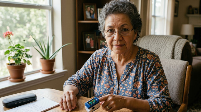 Elderly woman checking lung health with pulse oximeter at home, monitoring breathing and respiration. Engaging in self-care routine,
