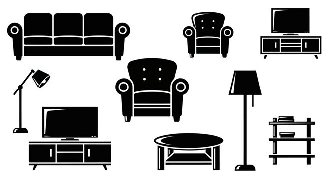 Silhouette of living room furniture including sofa armchair coffee table tv stand floor lamp and shelving unit with silhouettes various living