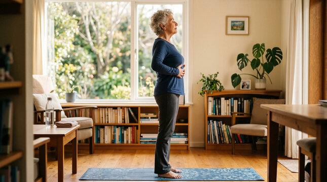 Senior woman practicing deep breathing exercises for lung health at home, enjoying peaceful environment with plants and natural light.