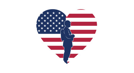 Silhouette of a man with a backpack standing in front of a stylized american flag heart symbolizing patriotism and travel in the united states © Prema