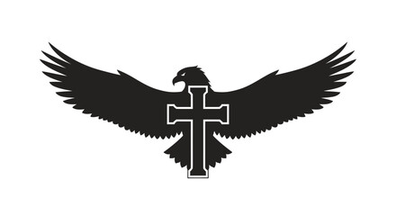 Fototapeta premium Silhouette of a majestic eagle with outstretched wings featuring a christian cross at its center symbolizing faith and freedom in a bold black design