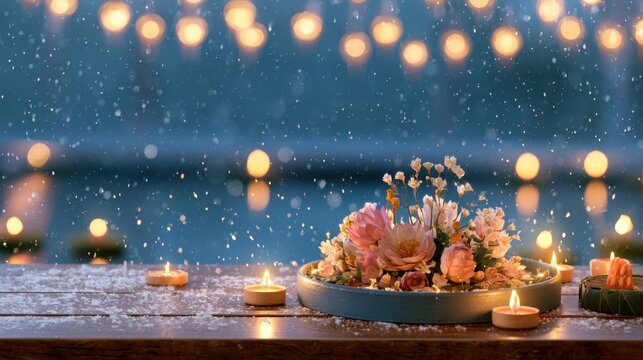 Romantic outdoor candlelight dinner setup with delicate floral centerpiece and softly glowing string light in snowy winter evening ambiance