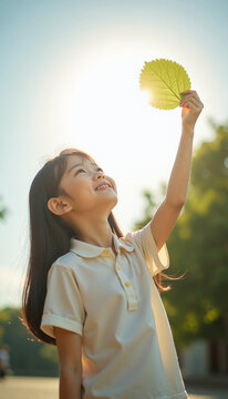 Joyful girl holding green leaf under sunlight, expressing happiness and connection with nature. Child enjoys outdoor moment, showcasing vibrant aura and freshness in a serene environment,
