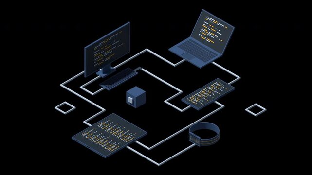 3D isometric transfer data between different devices animation. Synchronizing data between laptop, smartphone, tablet, and PC. Isometric technology. Transparent background with alpha channel
