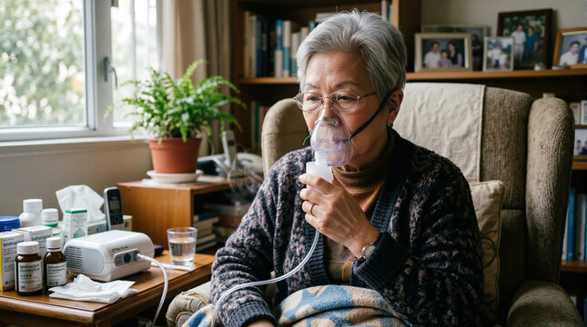 Elderly woman using nebulizer for respiratory treatment in cozy living room filled with plants and medication. Home environment includes equipment for lung health and breathing support,