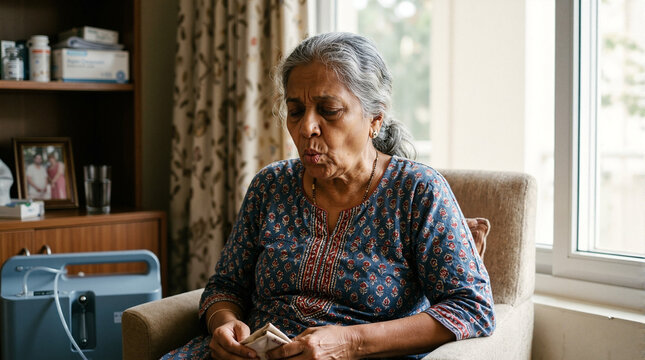 Senior woman using nebulizer for respiratory health while sitting in cozy living room. Woman manages breathing with nebulizer and inhaler, focusing on lung capacity and pulmonary wellness.