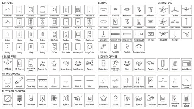 Electrical plan symbols vector set, architectural wiring diagram icons for switches and lighting, professional blueprint technical signs