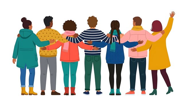 Diverse group of young people standing in a row with arms around each other representing unity, friendship, and social inclusion